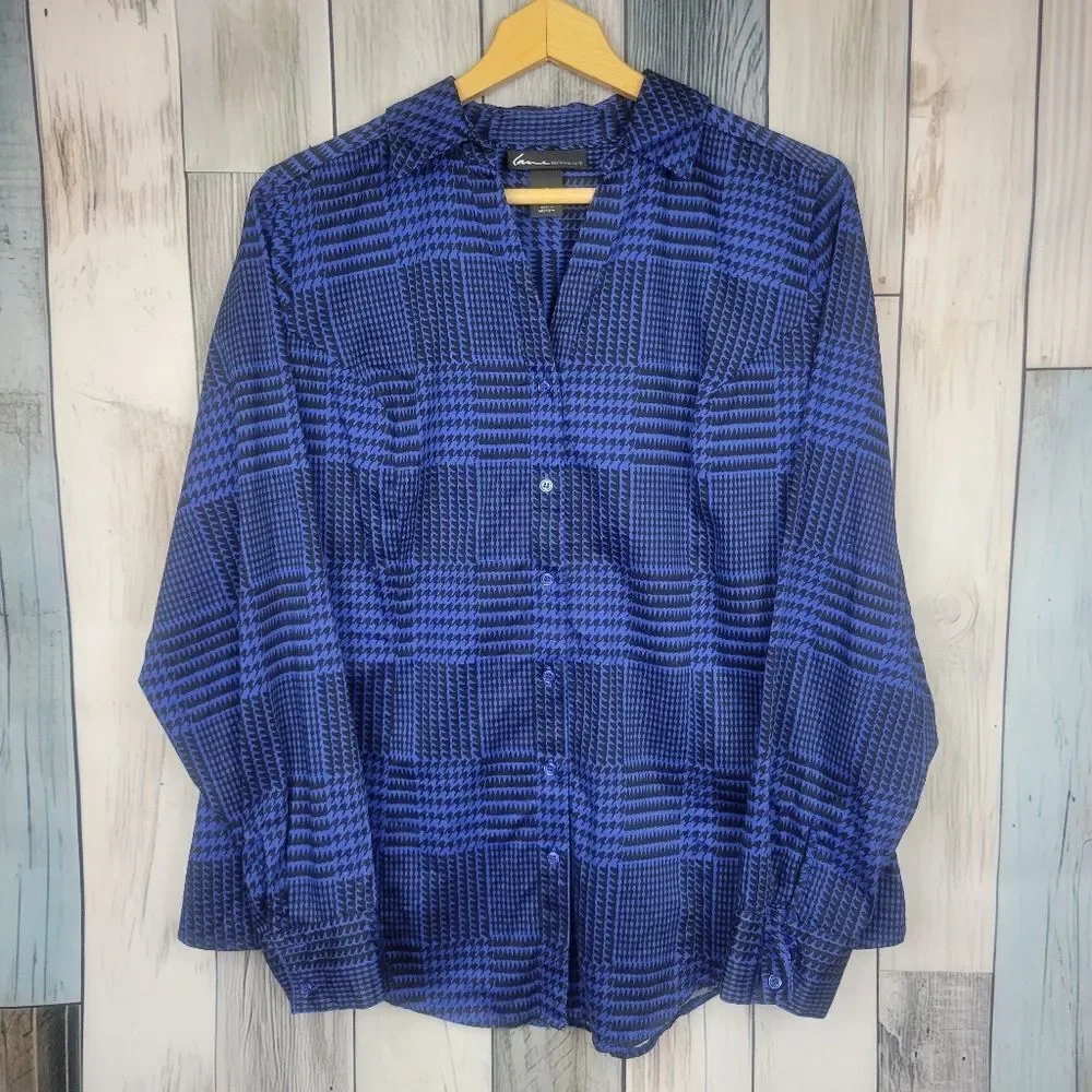 Lane Bryant Blue Black Houndstooth Long Sleeve Button Down Shirt Size 18